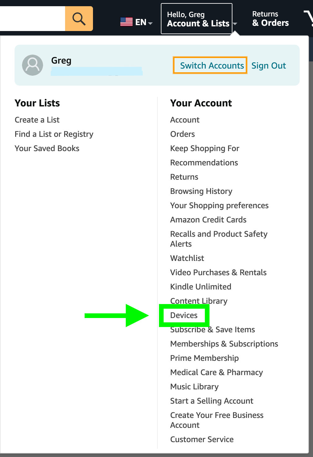 Amazon account menu showing Devices option
