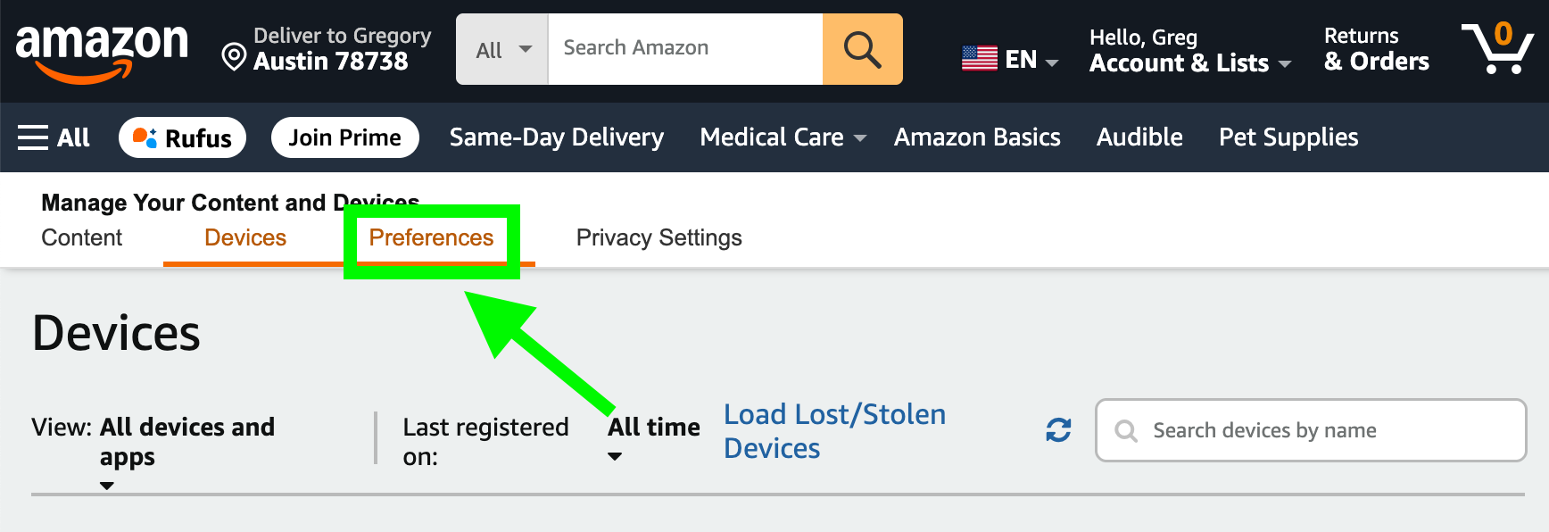 Amazon Devices page with Preferences button