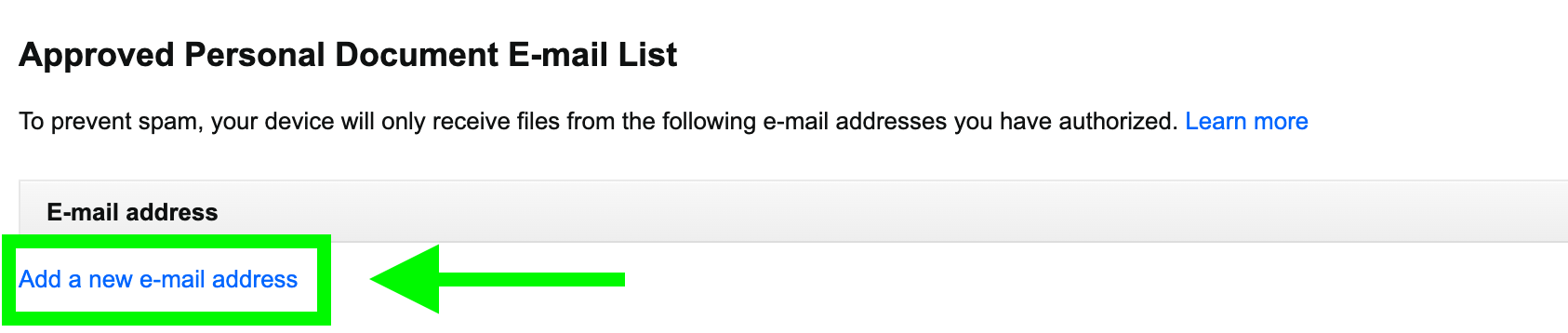 Add a new e-mail address link