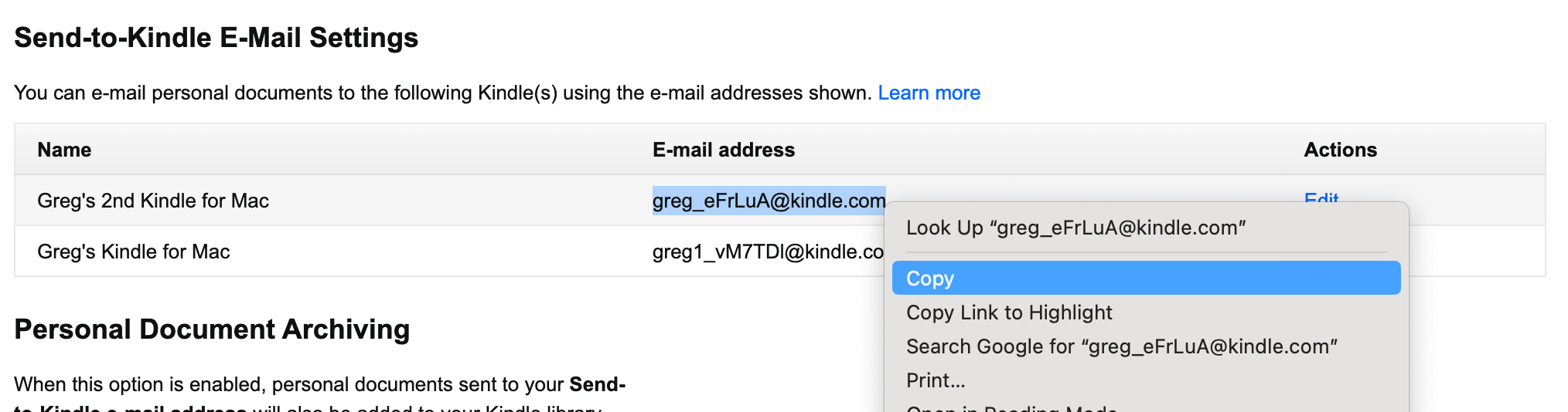 Copy Kindle email address